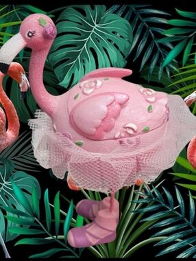 Vintage Resin Pink Flamingo With Pink Tutu Ballerina Trinket Box
